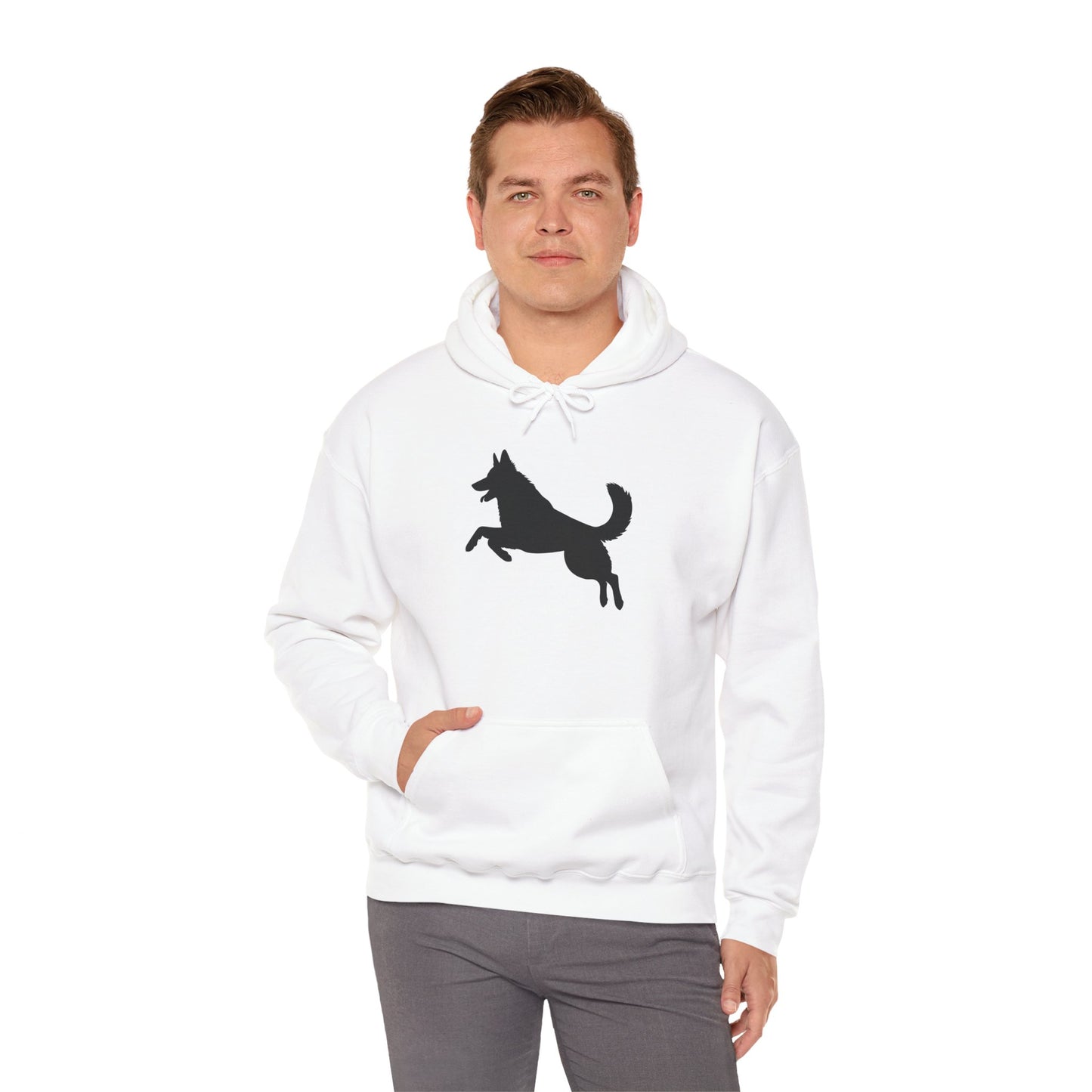 Unisex Dog Lover Hoodie With a Graphic of Solid Black German Shepherd Jumping in the Air