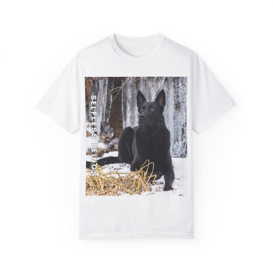 Unisex Dog Lover T-Shirt With Solid Black German Shepherd Sitting on the Snow, Ice Spikes in the Background and Caption Selfless Beings