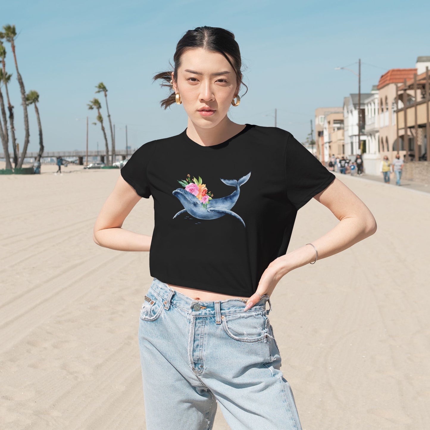 Whale Floral Cropped Tee - Ocean Lover's Shirt, Beachwear, Nature Gift, Casual Top, Summer Wardrobe