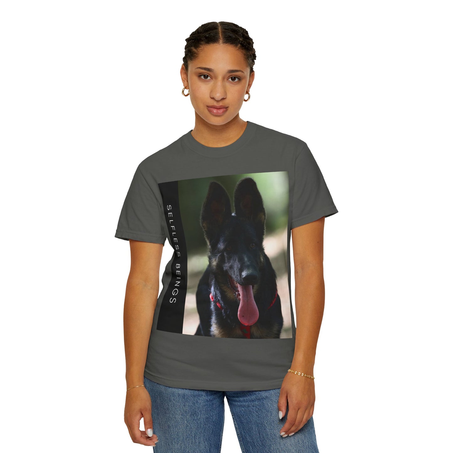 Unisex Dog Lover T-Shirt With Close Up Portrait of Slim German Shepherd Leaving His Tongue Out and Caption Selfless Beings