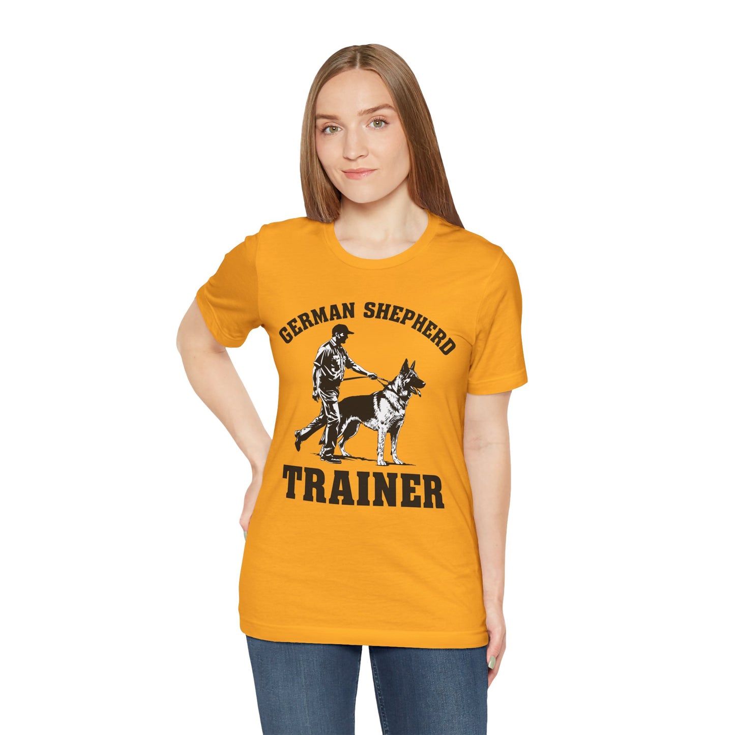 German Shepherd Trainer Tee - Black and White Design of Man Holding a German Shepherd
