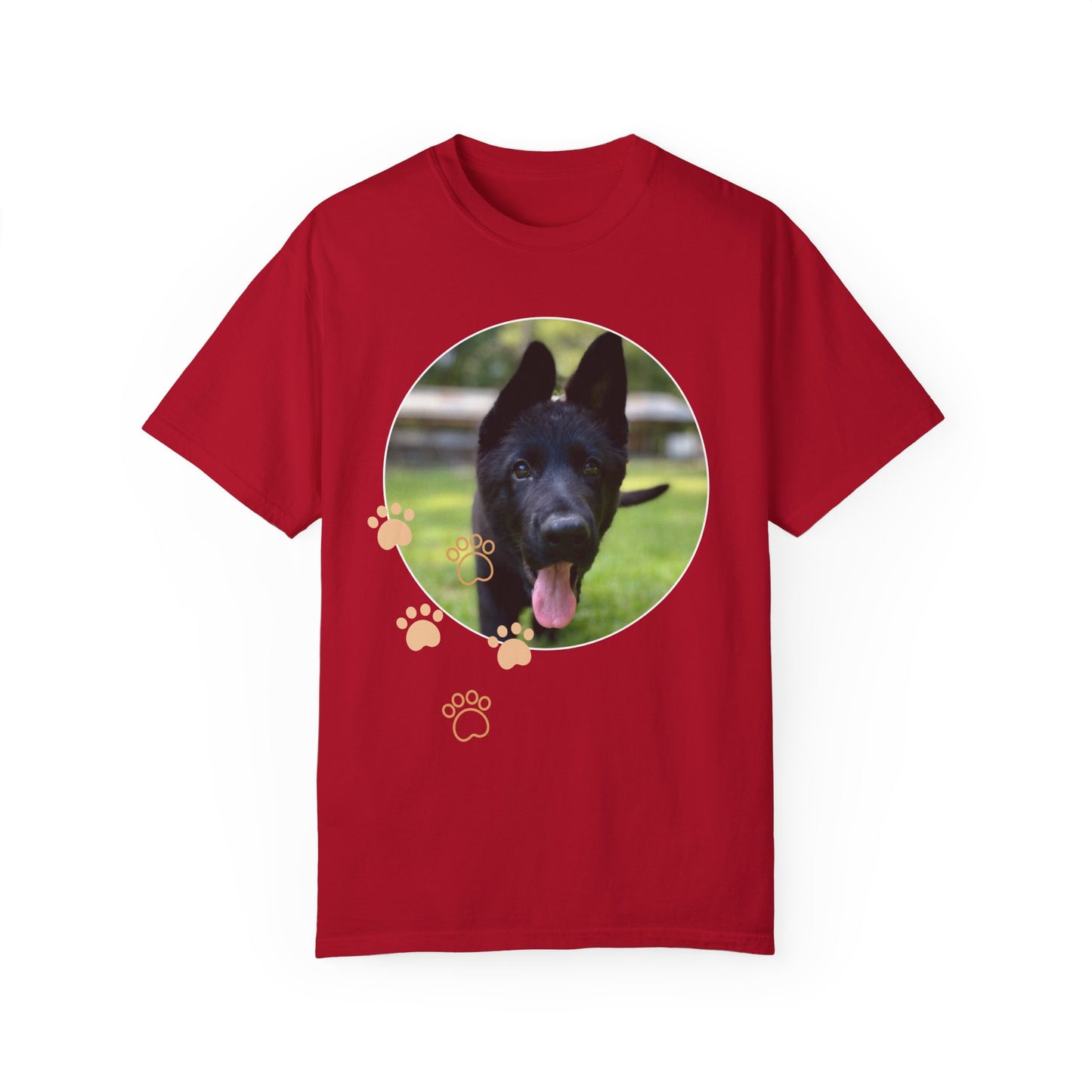 Unisex Dog Lover T-Shirt With Black German Shepherd Puppy Walking on Grass Leaving Tongue Out and Paw Icons
