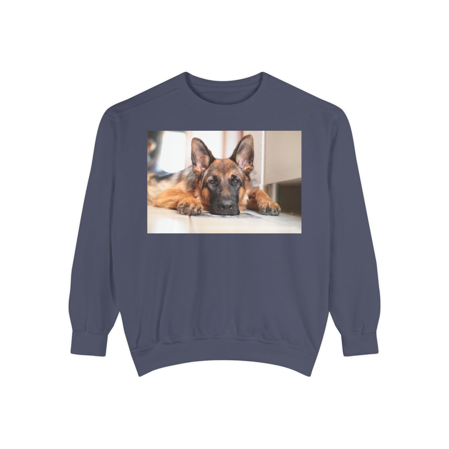 Unisex Dog Lover Sweatshirt With a German Shepherd Lying His Head on the Floor
