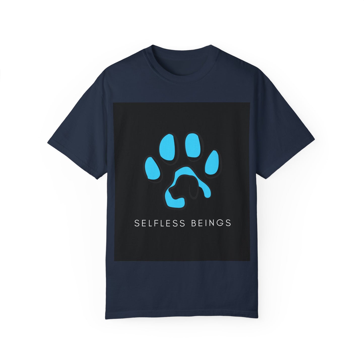 Unisex Dog Lover T-Shirt With Graphic of Blue Colored Dog Paw's Print Whose Metacarpal Contains a Design of Black Dog and Caption Selfless Beings Below