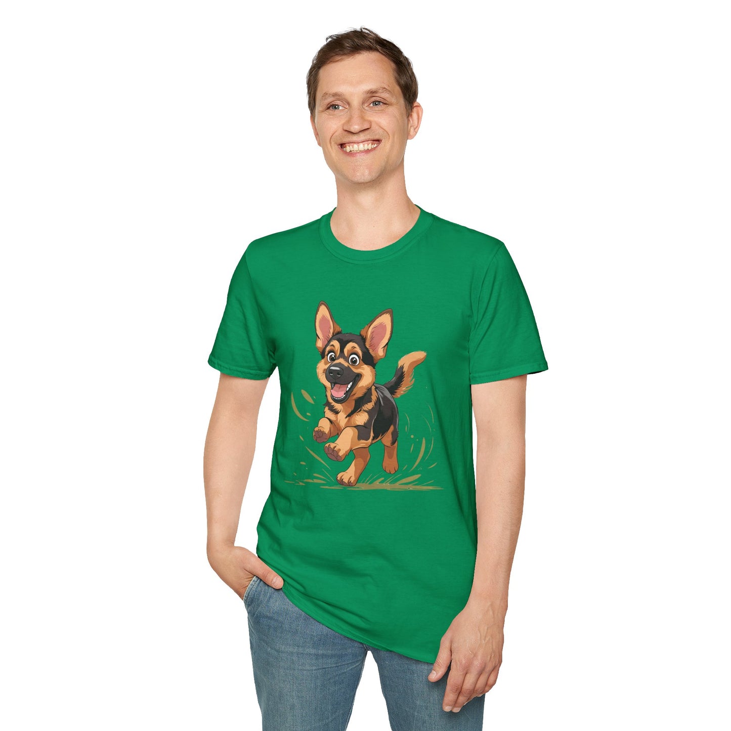 Cute Playing Puppy Graphic Unisex Softstyle T-Shirt, Dog Lover Gift, Casual Wear, Animal Theme Shirt, Perfect for Birthdays, Pet Owners