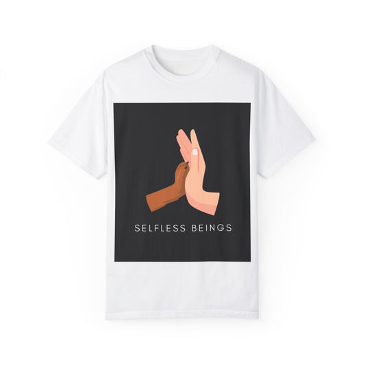 Unisex Dog Lover T-Shirt With Graphic of Human Hand Touching Dog's Paw and Selfless Beings Caption Below