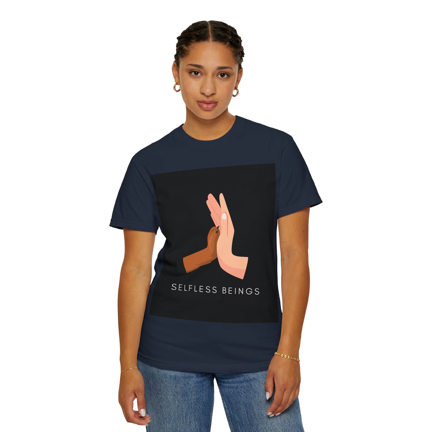 Unisex Dog Lover T-Shirt With Graphic of Human Hand Touching Dog's Paw and Selfless Beings Caption Below
