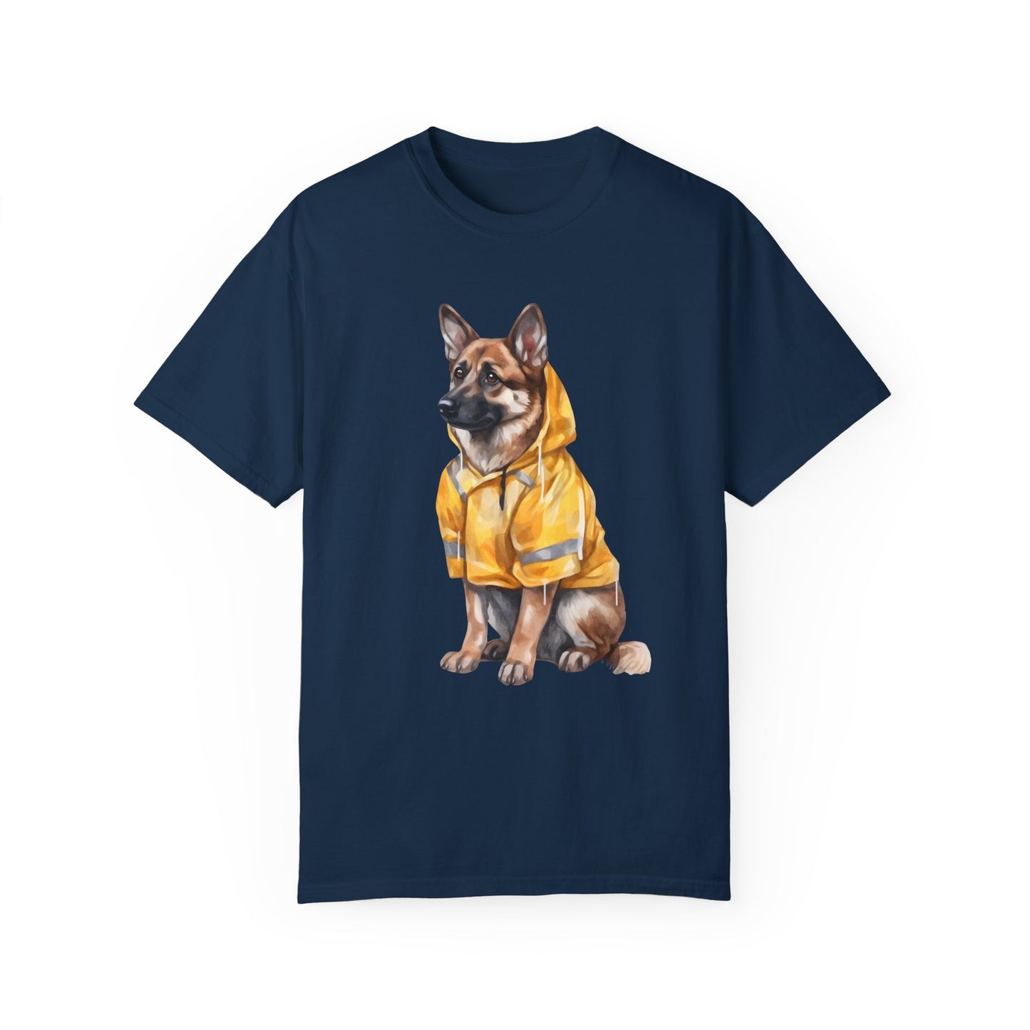 Unisex Dog Lover T-Shirt With a Graphic of German Shepherd Wearing a Yellow Rain Coat