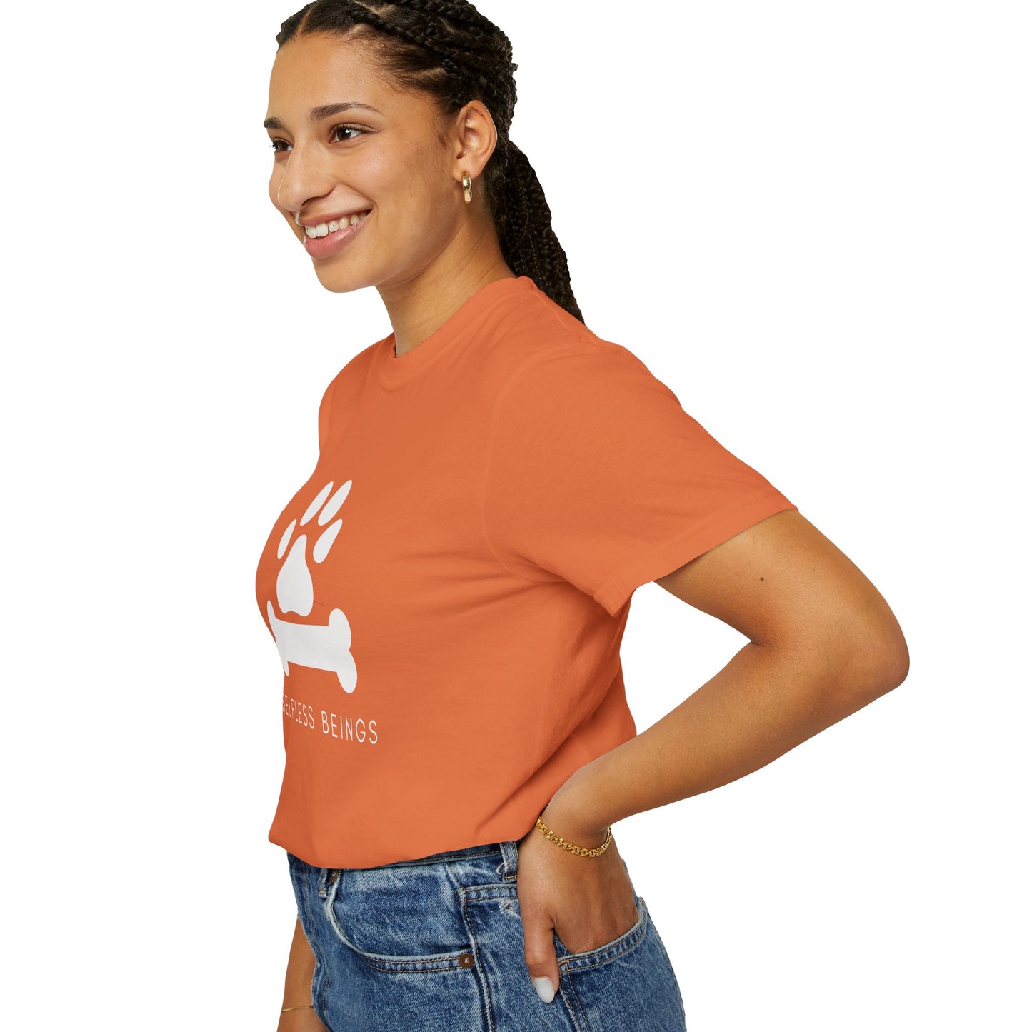 Unisex Dog Lover T-Shirt With Graphic of Dog Bone and Paw and Caption Selfless Beings