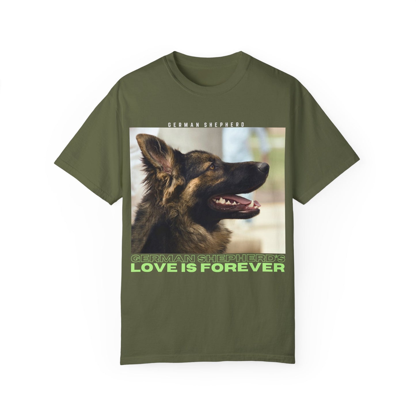 Unisex T-Shirt With Close Up Face of Working Line German Shepherd Mouth Opened and Quote A GSDs Love is Forever