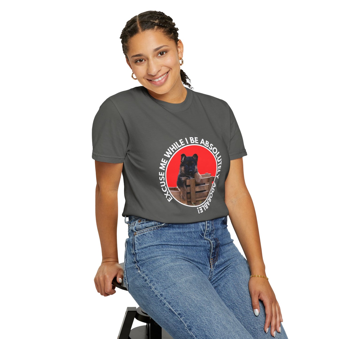 Unisex T-Shirt With Cute German Shepherd Puppy Sitting on the Toy Wooden Tractor and Caption Excuse Me While I Be Absolutely Adorable