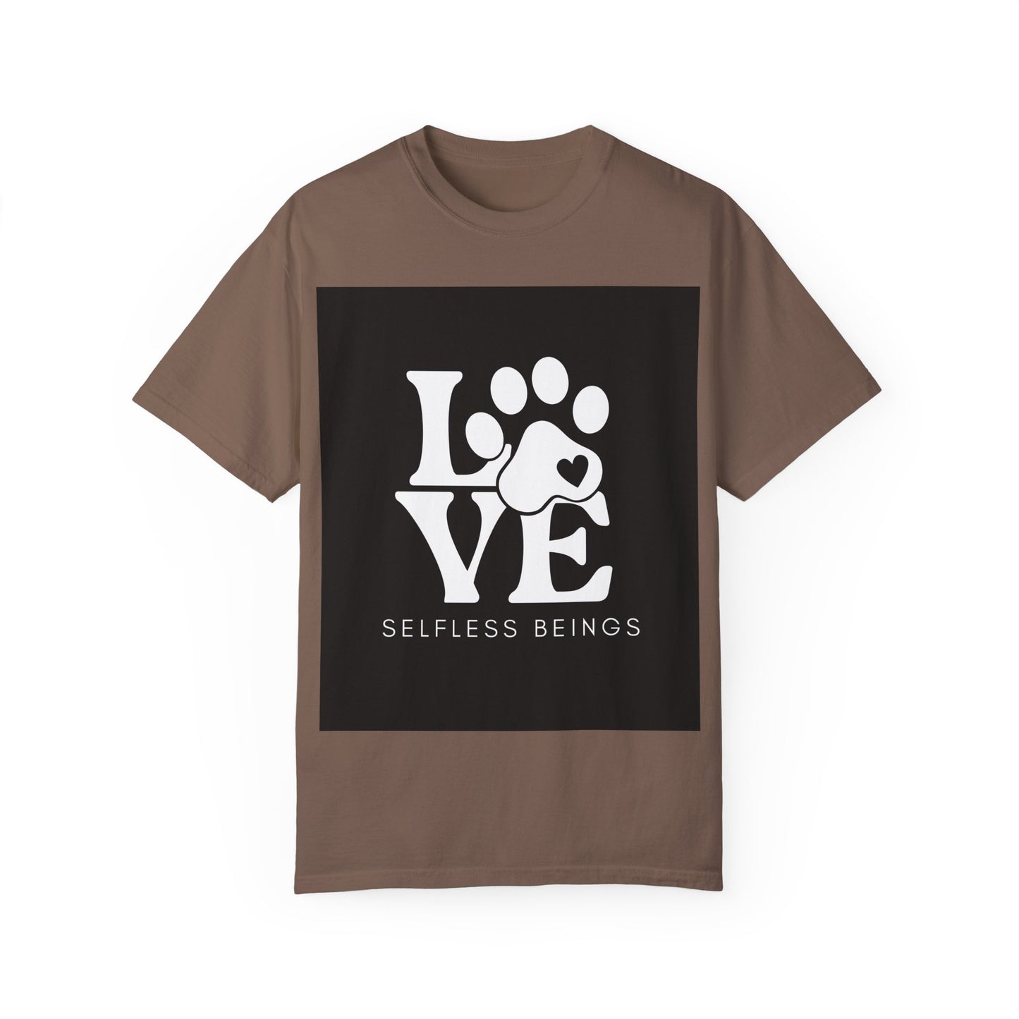 Unisex Dog Lover T-Shirt With Graphic of Love Dog-Paw and Caption Selfless Beings