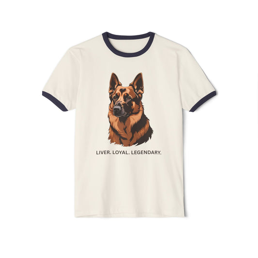 Liver German Shepherd Ringer Tee - Liver Loyal Legendary, Unisex Cotton T-Shirt for Dog Lovers, Pet Owner Gift, Casual Wear, Birthday Present, Animal Enthusiast Apparel