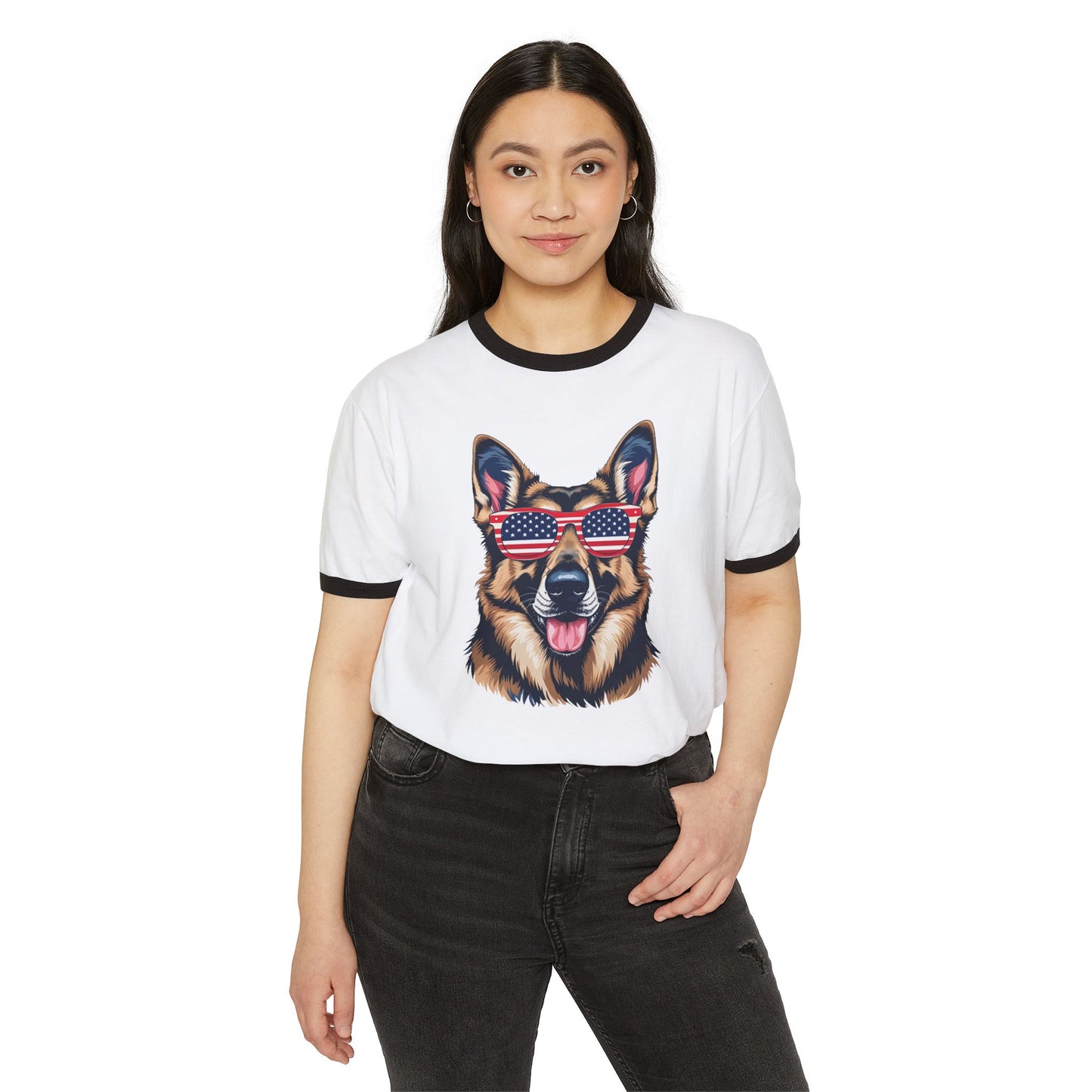 Patriotic Dog Lover German Shepherd Tee - Unisex Cotton Ringer T-Shirt with American Flag Sunglasses, Pet Owner Gift, 4th of July Apparel, Fun Summer