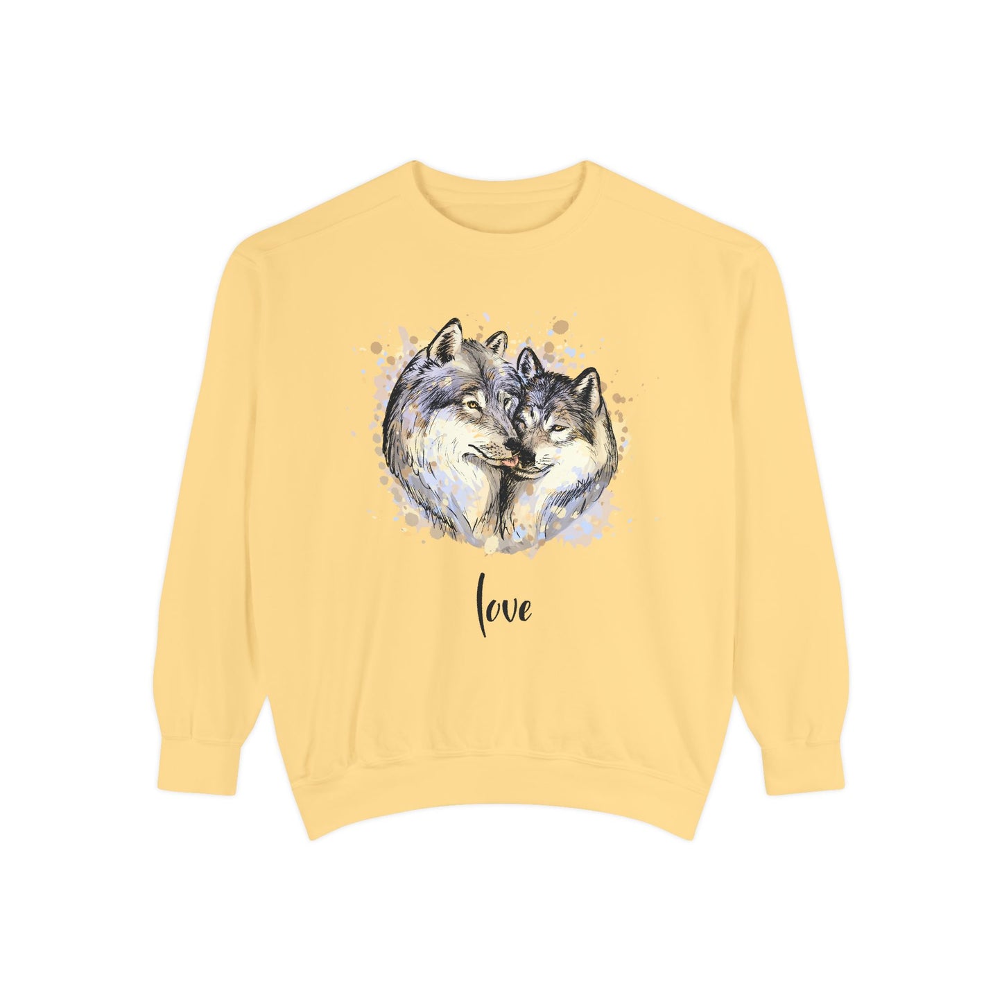 Unisex Valentine's Day Sweatshirt With a Male and Female Grey Wolves Together and Caption Love