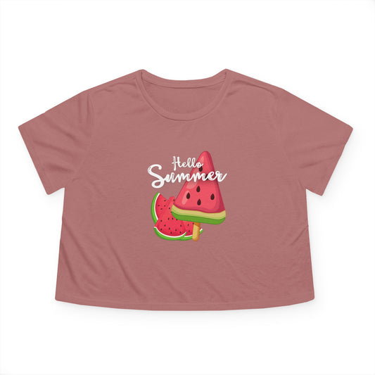 Women's Summer Vibes Cropped Tee - Hello Summer Watermelon Tee, Casual Beachwear, Gift for Her, Summer Party Outfit, Vacation Top
