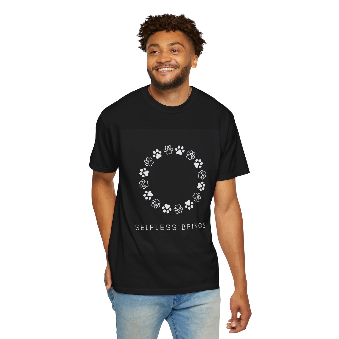 Unisex Dog Lover T-Shirt With Circular Frame Made of Dog Paw Prints and Caption Selfless Beings