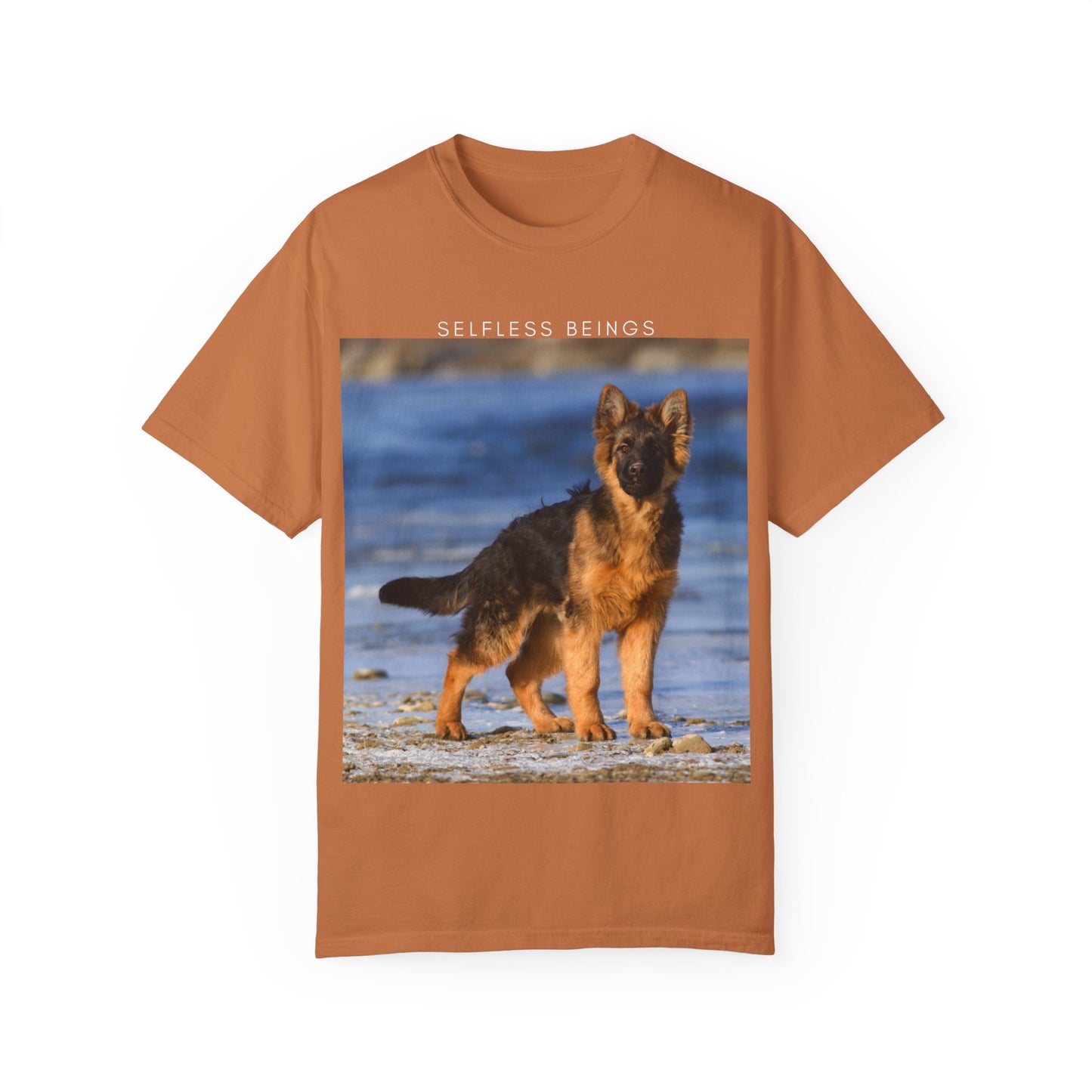 Unisex Dog Lover T-Shirt With German Shepherd Puppy Standing at the Sea Shore and Caption Selfless Beings