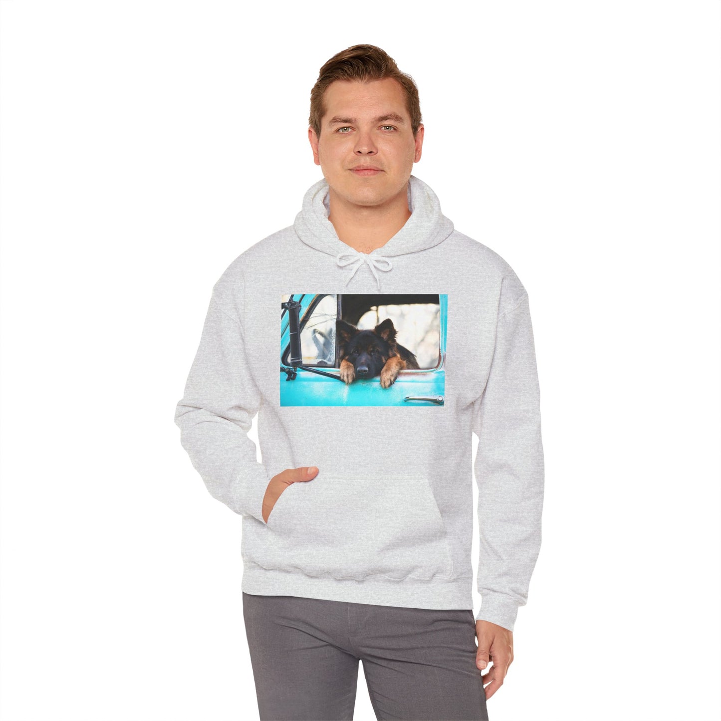 Unisex Dog Lover Hoodie With German Shepherd Puppy Putting His Head and Front Legs On The Truck Seat's Window