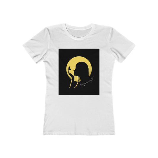 Love Yourself Women’s Boyfriend Tee – A Butterfly Sitting On Top of the Girl's Finger | Inspirational Graphic T-shirt, Casual Wear, Gift for Her, Everyday Comfort, Motivational Fashion