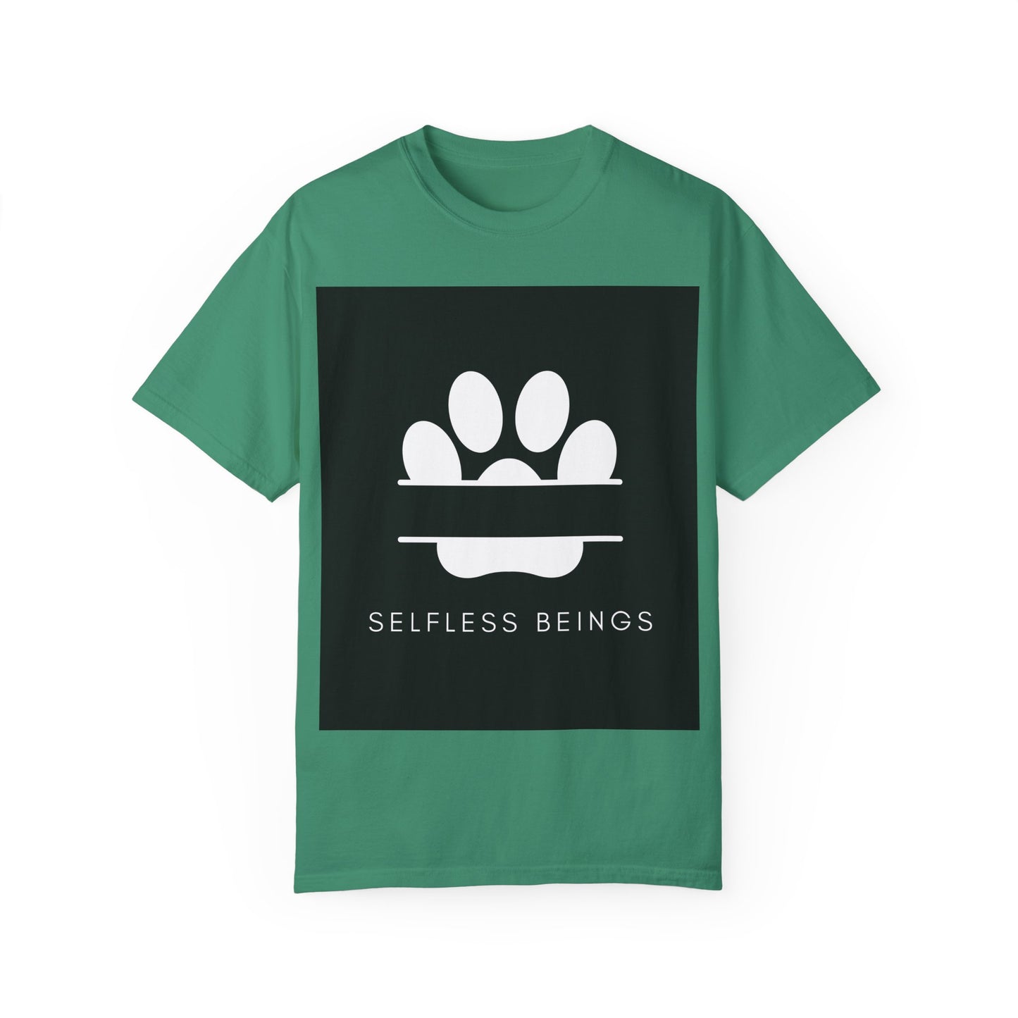 Unisex Dog Lover T-Shirt With Design of Dog's White Paw Print Whose Metacarpal is Split and Caption Selfless Beings