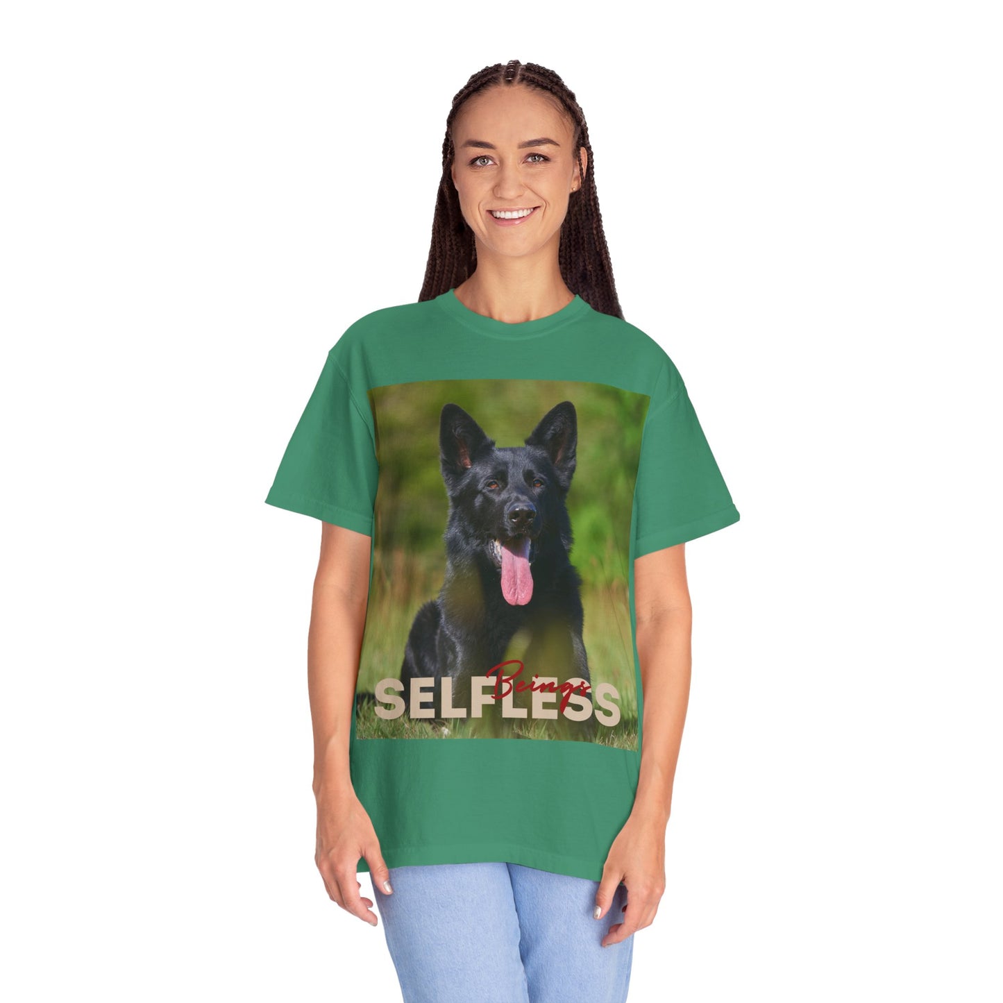 Unisex Dog Lover T-Shirt With Black German Shepherd Resting on the Grass Leaving Tongue Out and Caption Selfless Beings