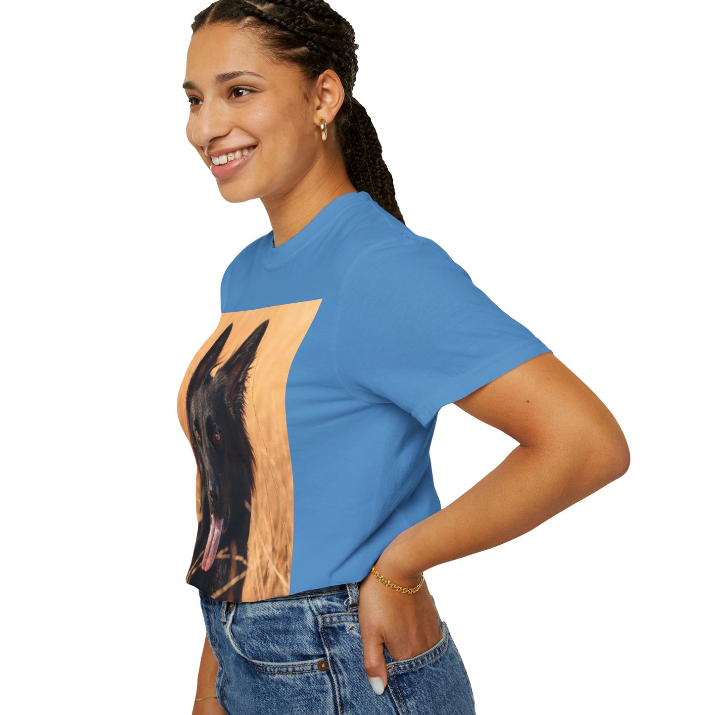 Unisex Dog Lover T-Shirt With Solid Black German Shepherd in the Middle of Long Dry Grass Leaving Tongue and Caption Selfless Beings