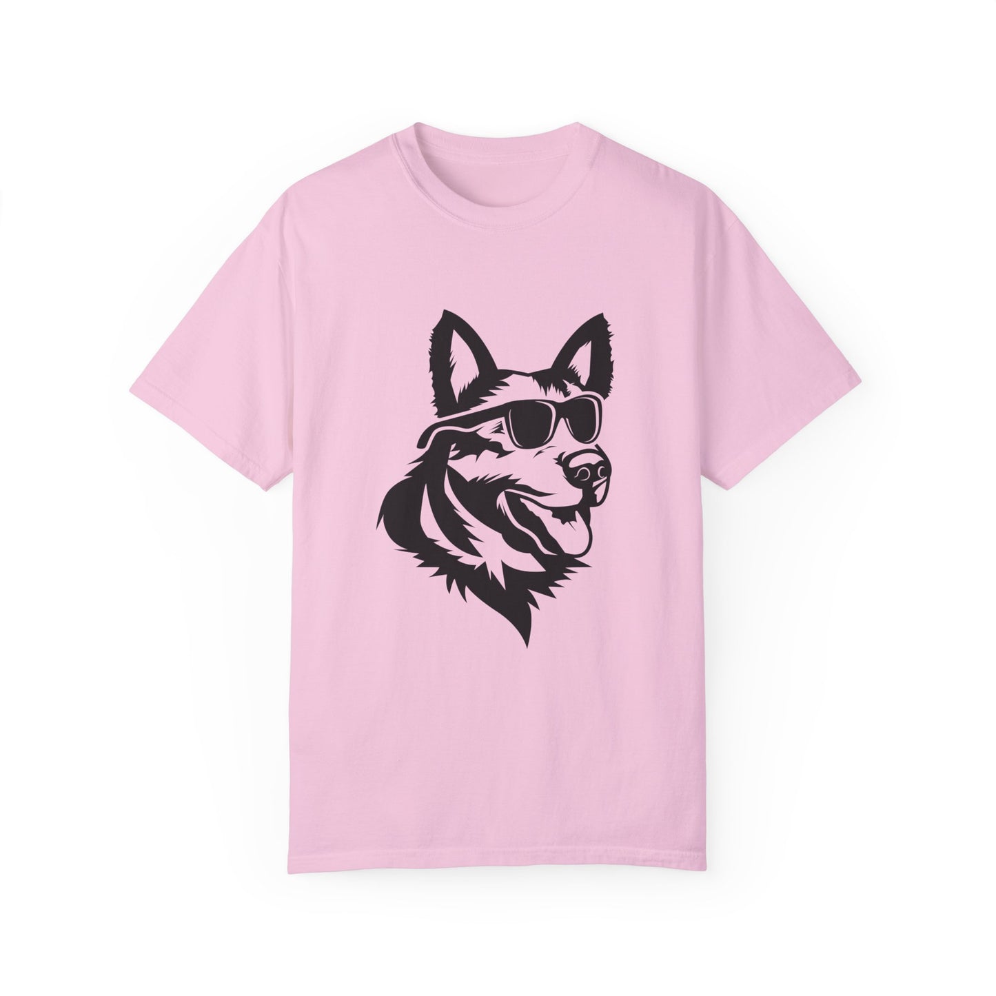 Unisex Dog Lover T-Shirt With a Graphic of Close Up Faced German Shepherd Wearing Black Glasses