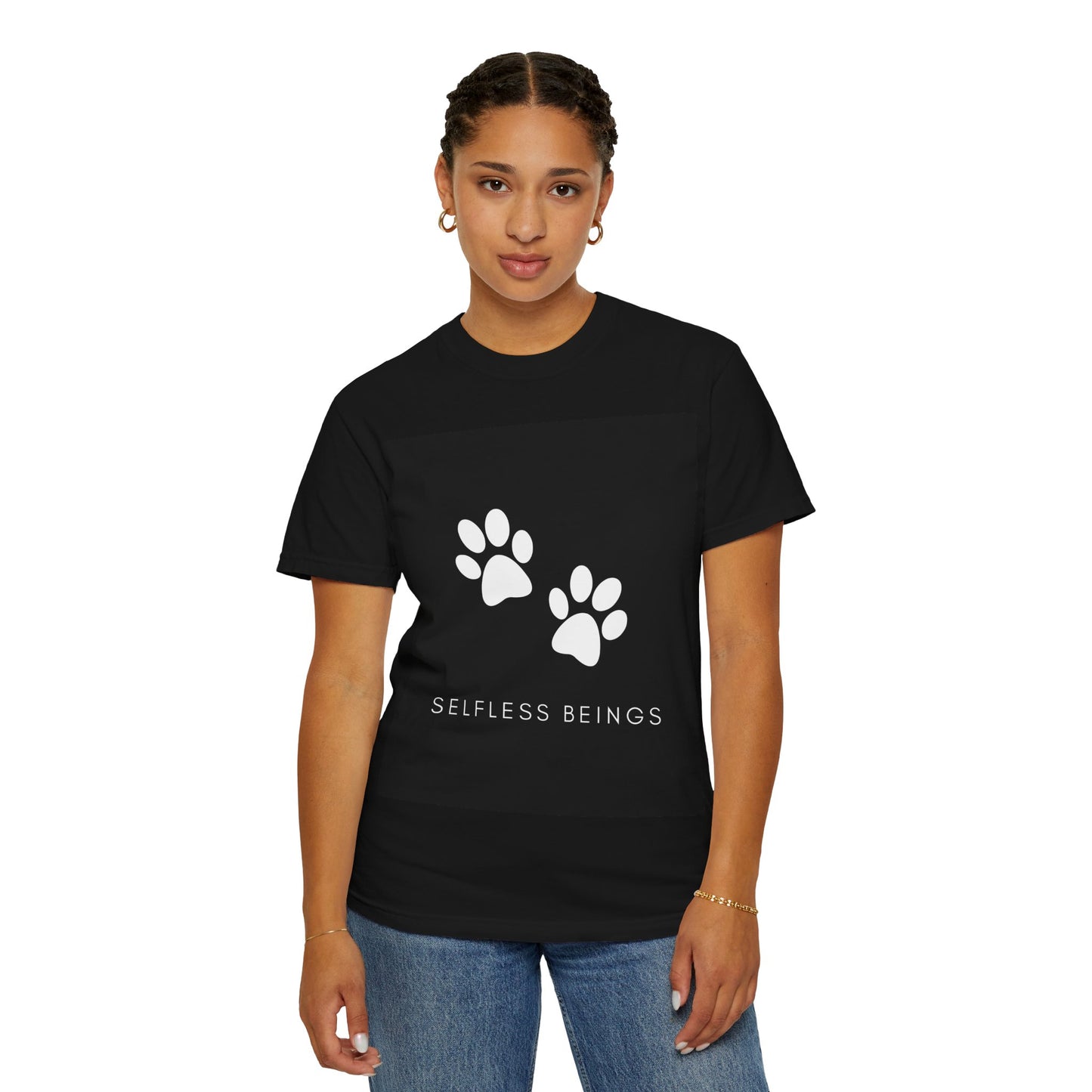 Unisex Dog Lover T-Shirt With White Dog Paw Prints and Caption Selfless Beings
