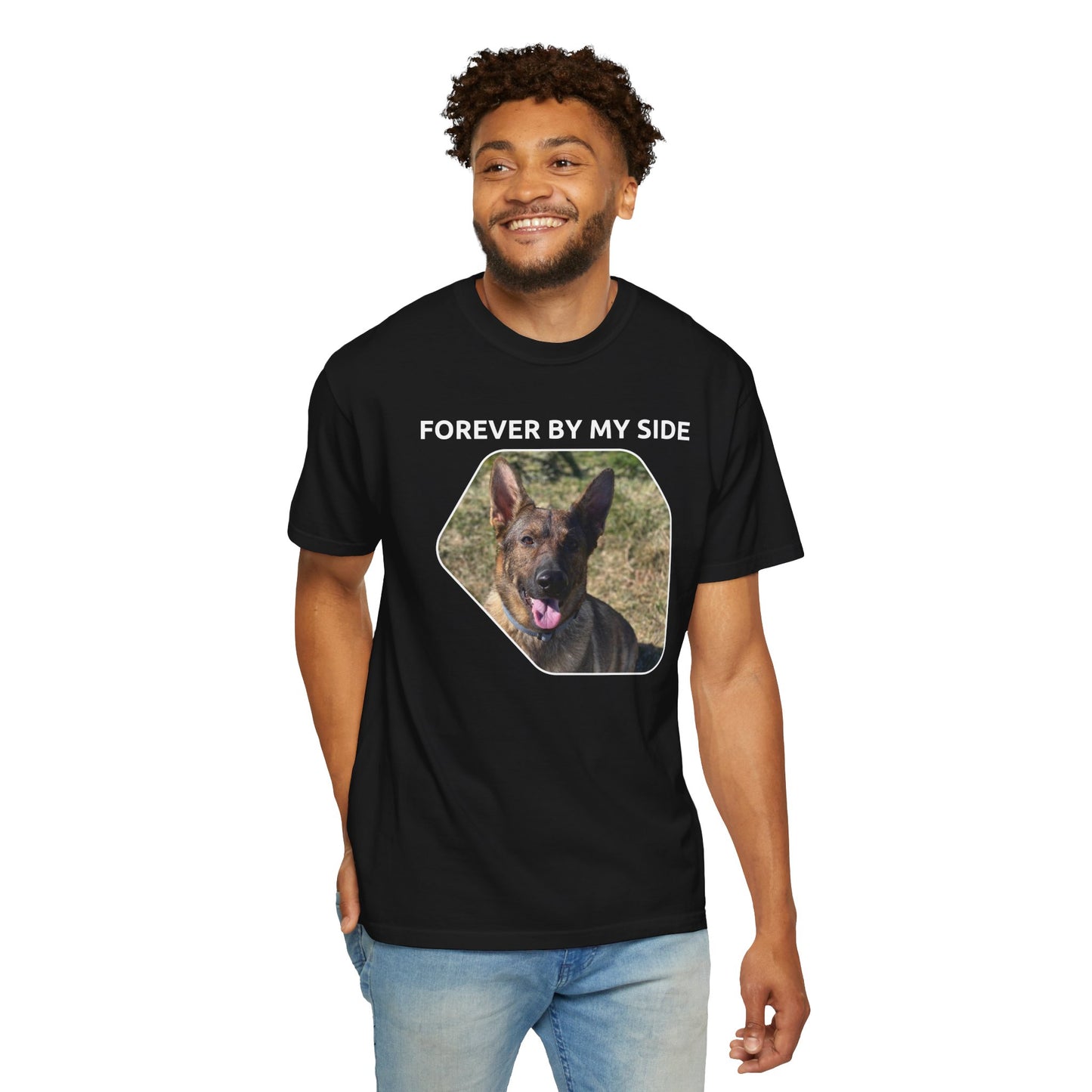 Unisex Dog Lover T-Shirt With Sable German Shepherd and Caption Forever By My Side