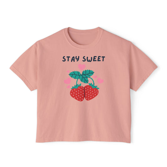 Women's Boxy Tee - Stay Sweet Strawberry T-Shirt, Cute Graphic Tee, Casual Summer Top, Gift for Her, Sweetheart Gift