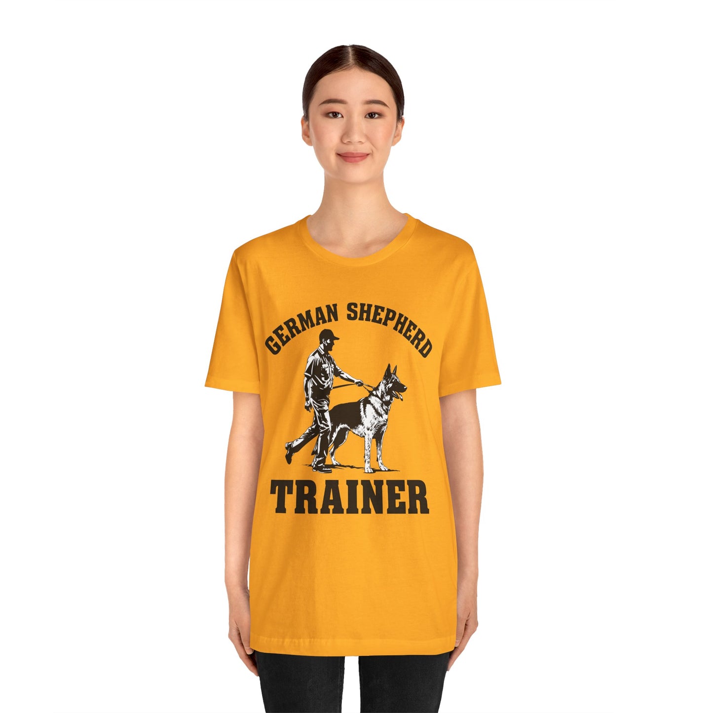 German Shepherd Trainer Tee - Black and White Design of Man Holding a German Shepherd
