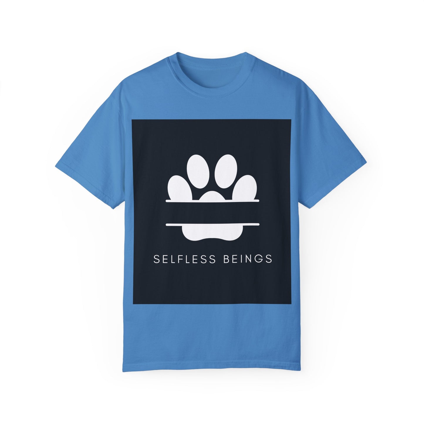 Unisex Dog Lover T-Shirt With Design of Dog's White Paw Print Whose Metacarpal is Split and Caption Selfless Beings