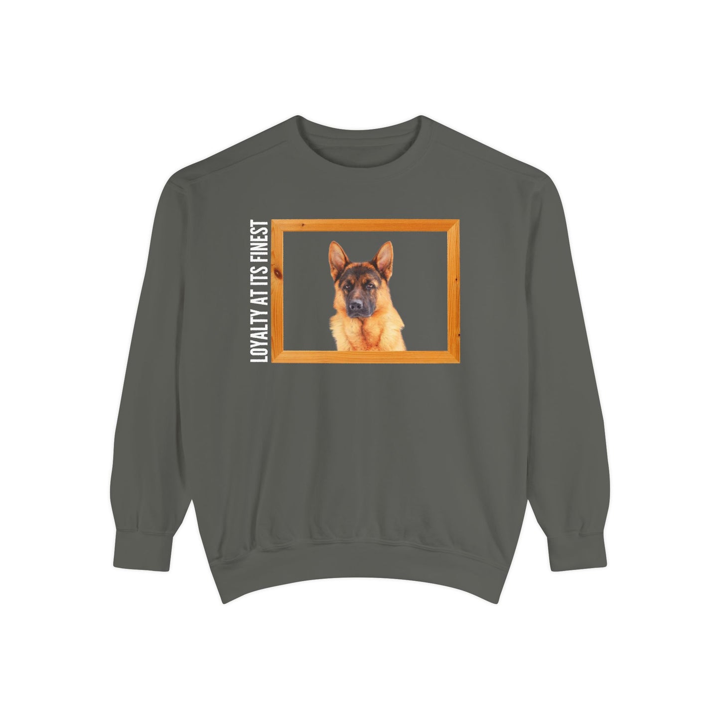 Unisex Dog Lover Sweatshirt With a German Shepherd's Head Inside a Wooden Frame and Caption Loyalty at Its Finest
