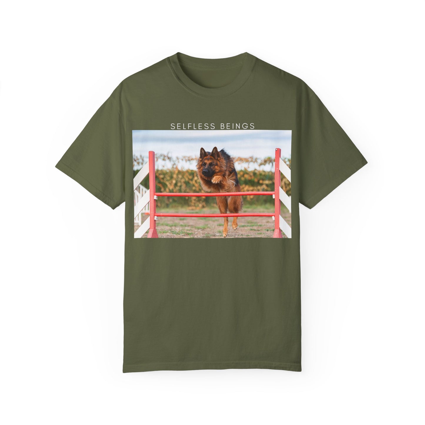 Unisex Dog Lover T-Shirt With a German Shepherd Jumping an Agility Fence Outdoor and Caption Selfless Beings