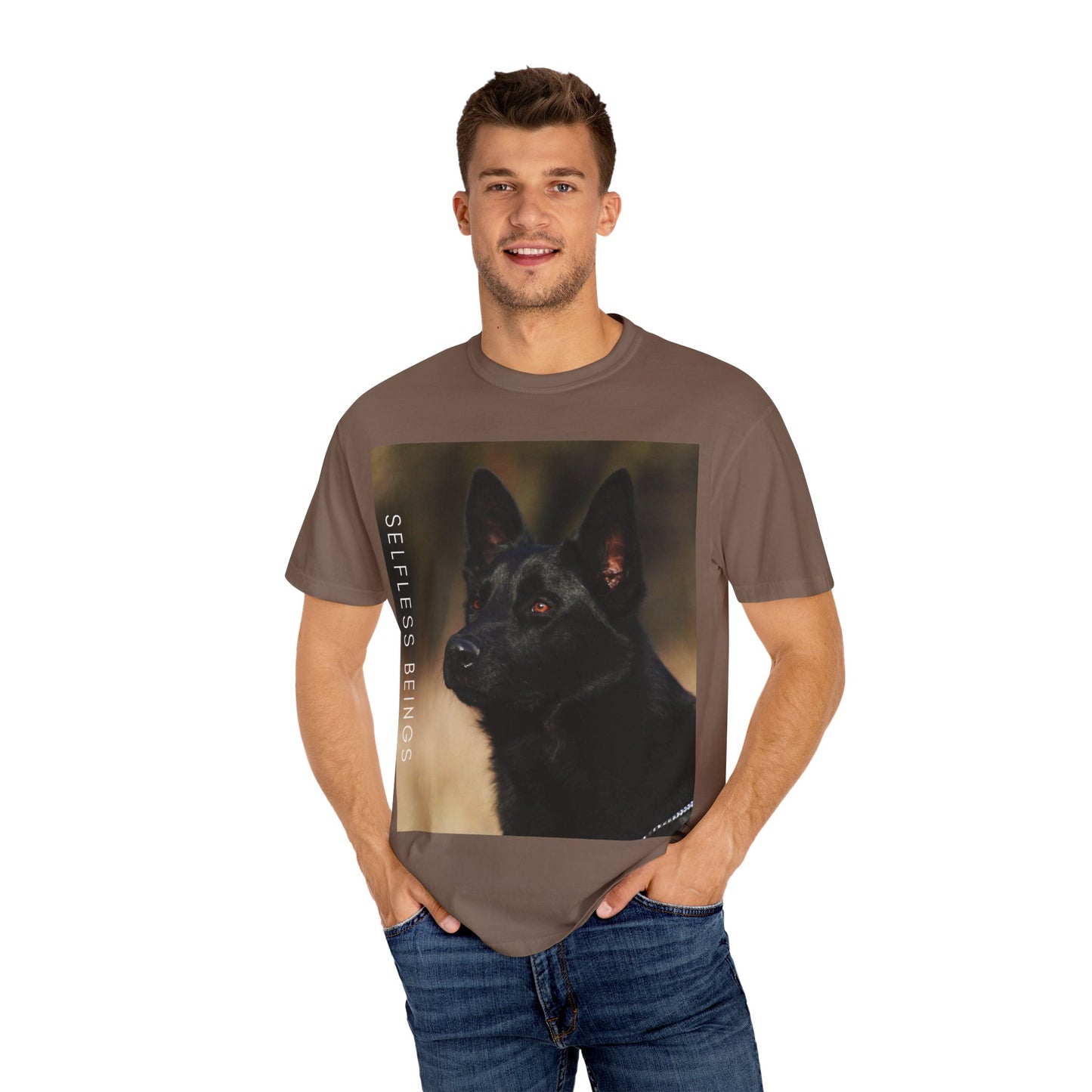 Unisex Dog Lover T-Shirt With Close Up of Serious Looking Solid Black German Shepherd and Caption Selfless Beings