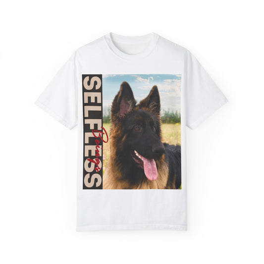 Unisex Dog Lover T-Shirt With Young Long Coat German Shepherd Looking Sideways Leaving Tongue Out and Caption Selfless Beings Written With Beige Red
