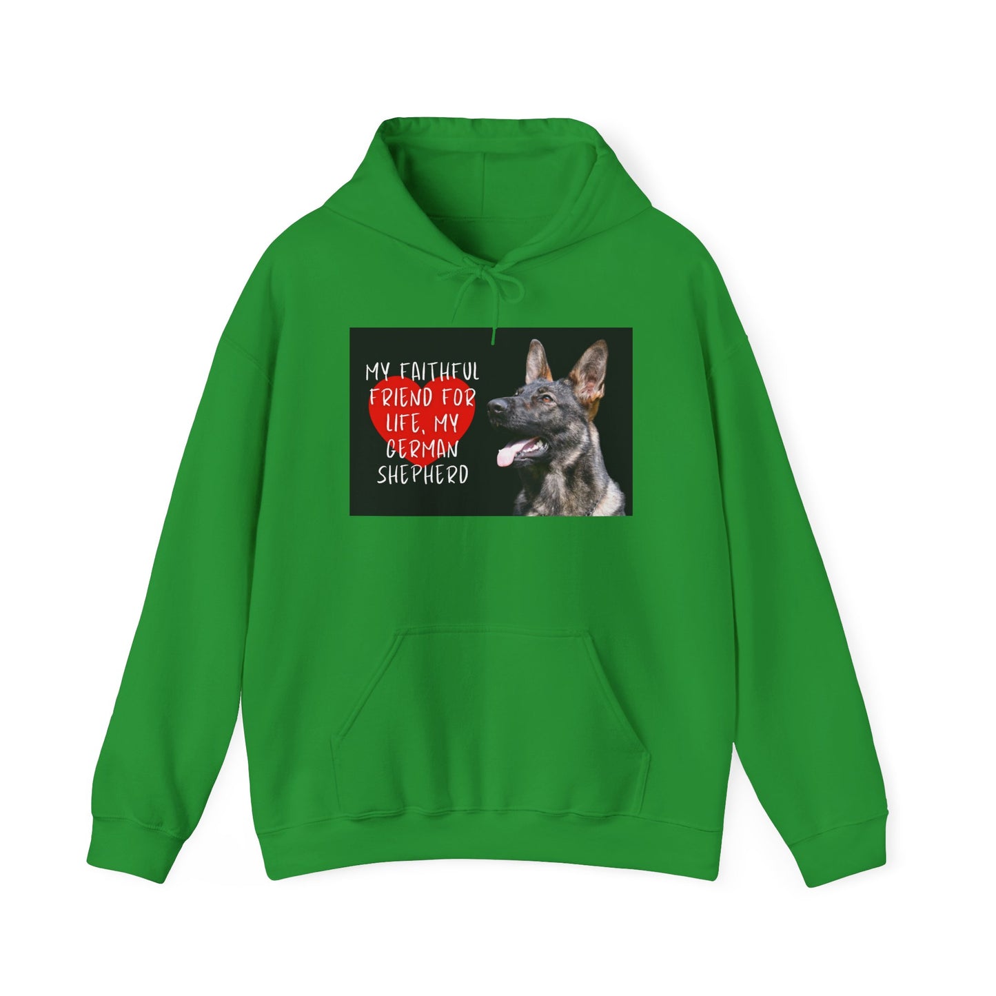 Unisex Dog Lover Hoodie With a Working Line German Shepherd and Caption Faithful Friend on Top of Red Heart
