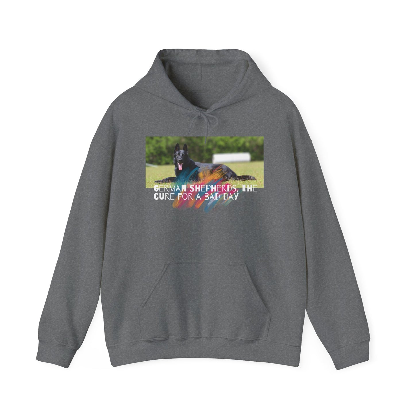 Unisex Dog Lover Hoodie With a Black German Shepherd Leaving Tongue Out and Caption The Cure for Bad Day