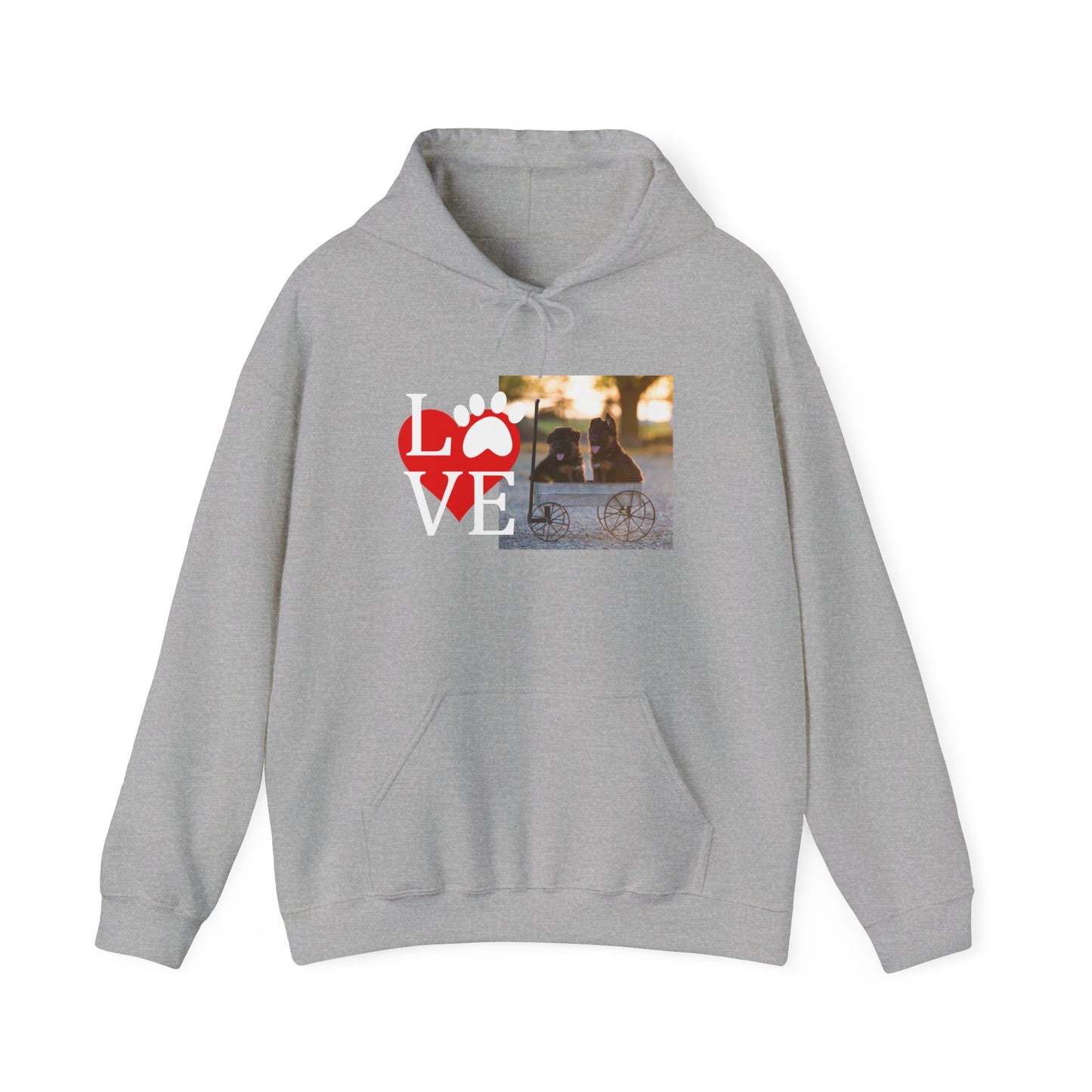Unisex Dog Lover Hoodie With Two Cute German Shepherd Puppies Sitting on a Cart and Caption Love On Top of Red Heart