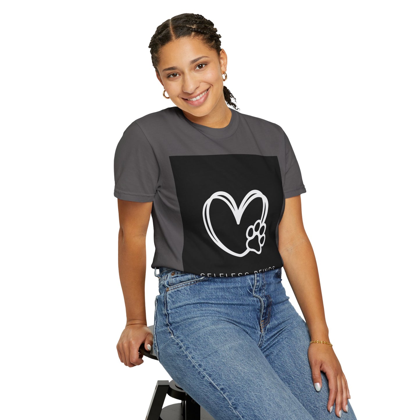 Unisex Dog Lover T-Shirt With White Heart and Dog's Paw Print on Right Side and Caption Selfless Beings
