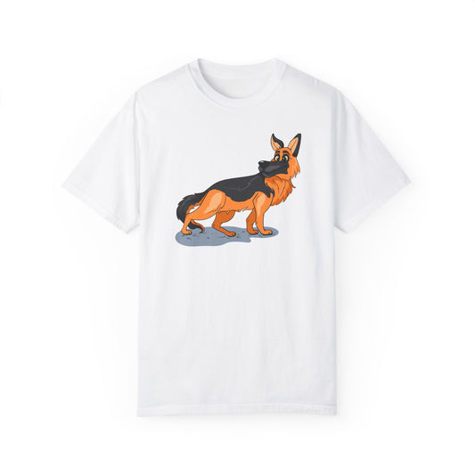 Unisex Dog Lover T-Shirt With a Cartoon of Astonished German Shepherd Turning His Head