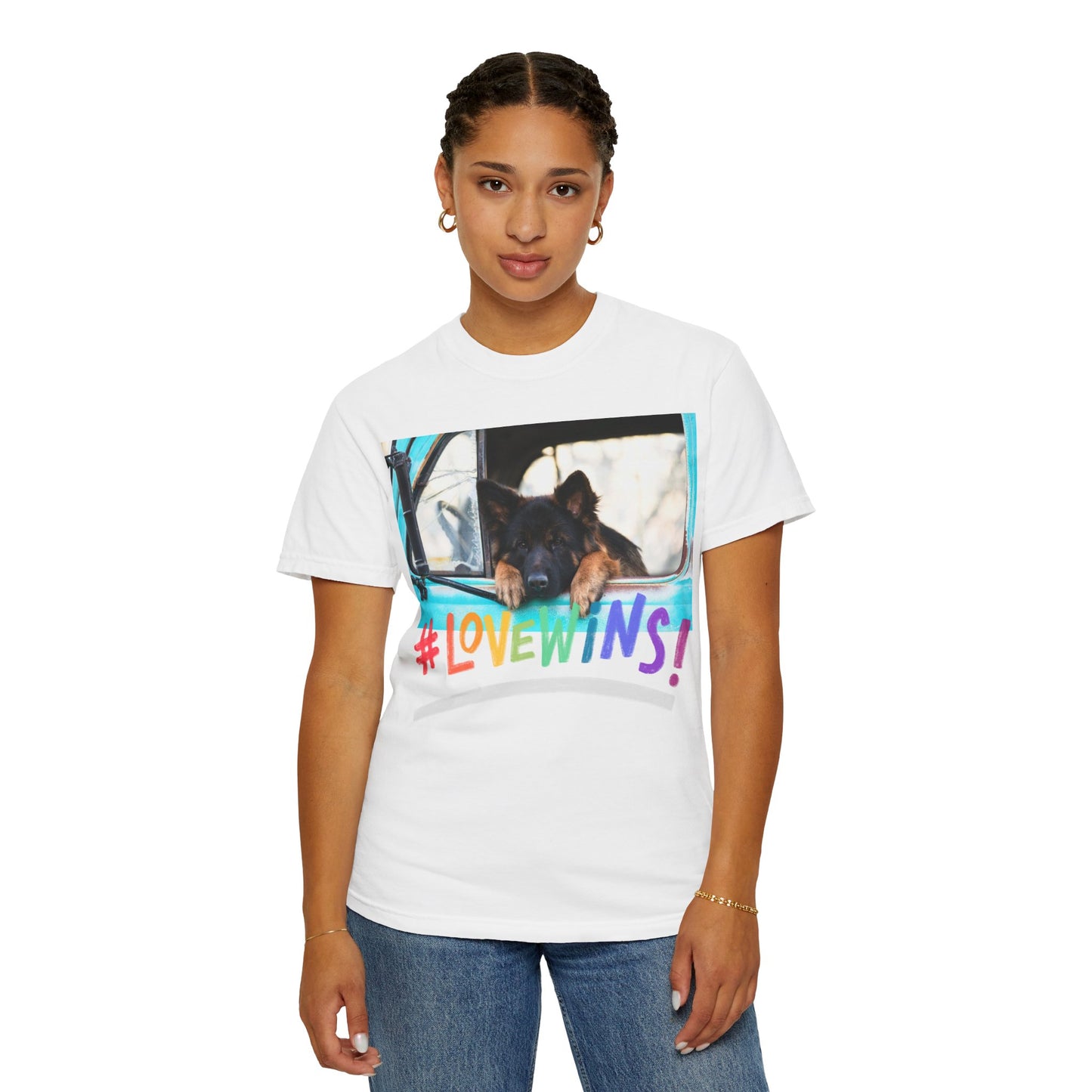 Unisex T-Shirt With German Shepherd Puppy Putting His Head and Front Legs On The Truck Seat's Window and Caption Love Wins