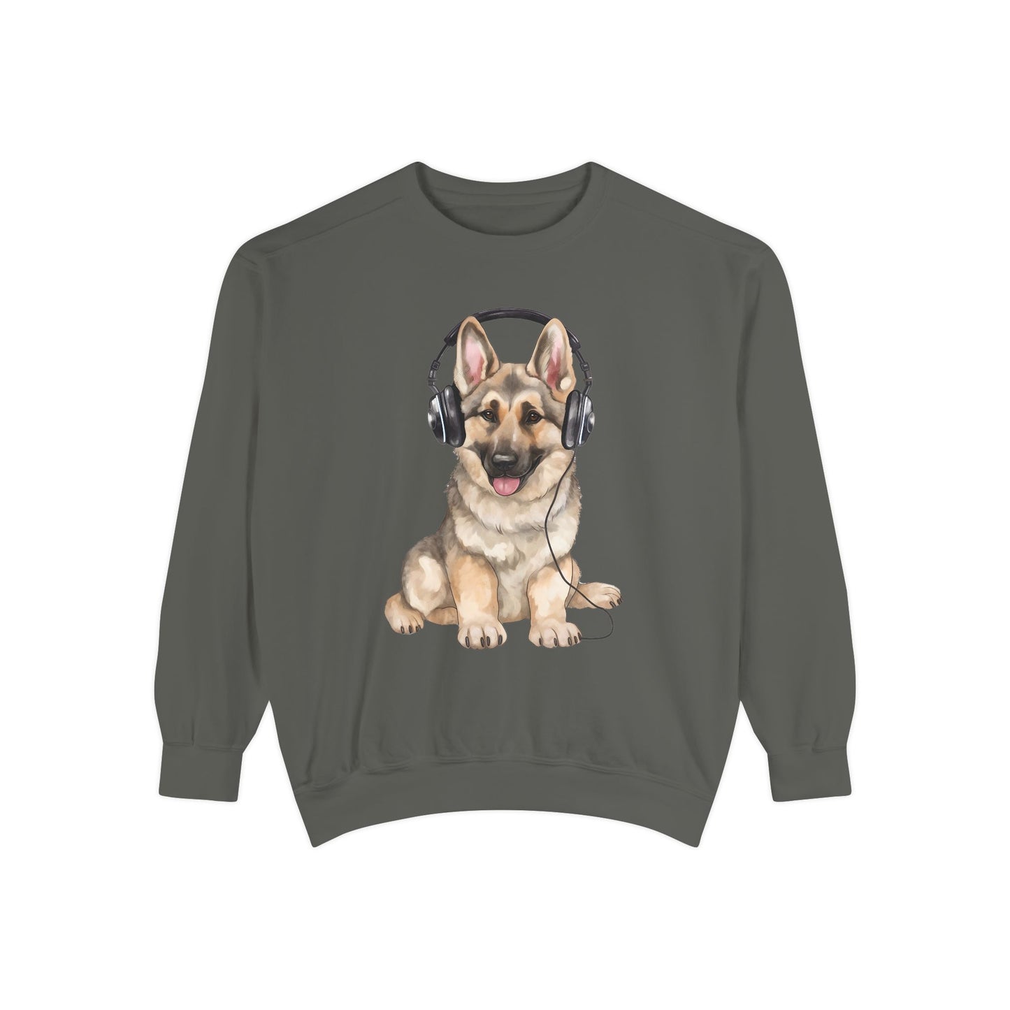 Unisex Dog Lover Sweatshirt With a German Shepherd Wearing Headphones Enjoying Music