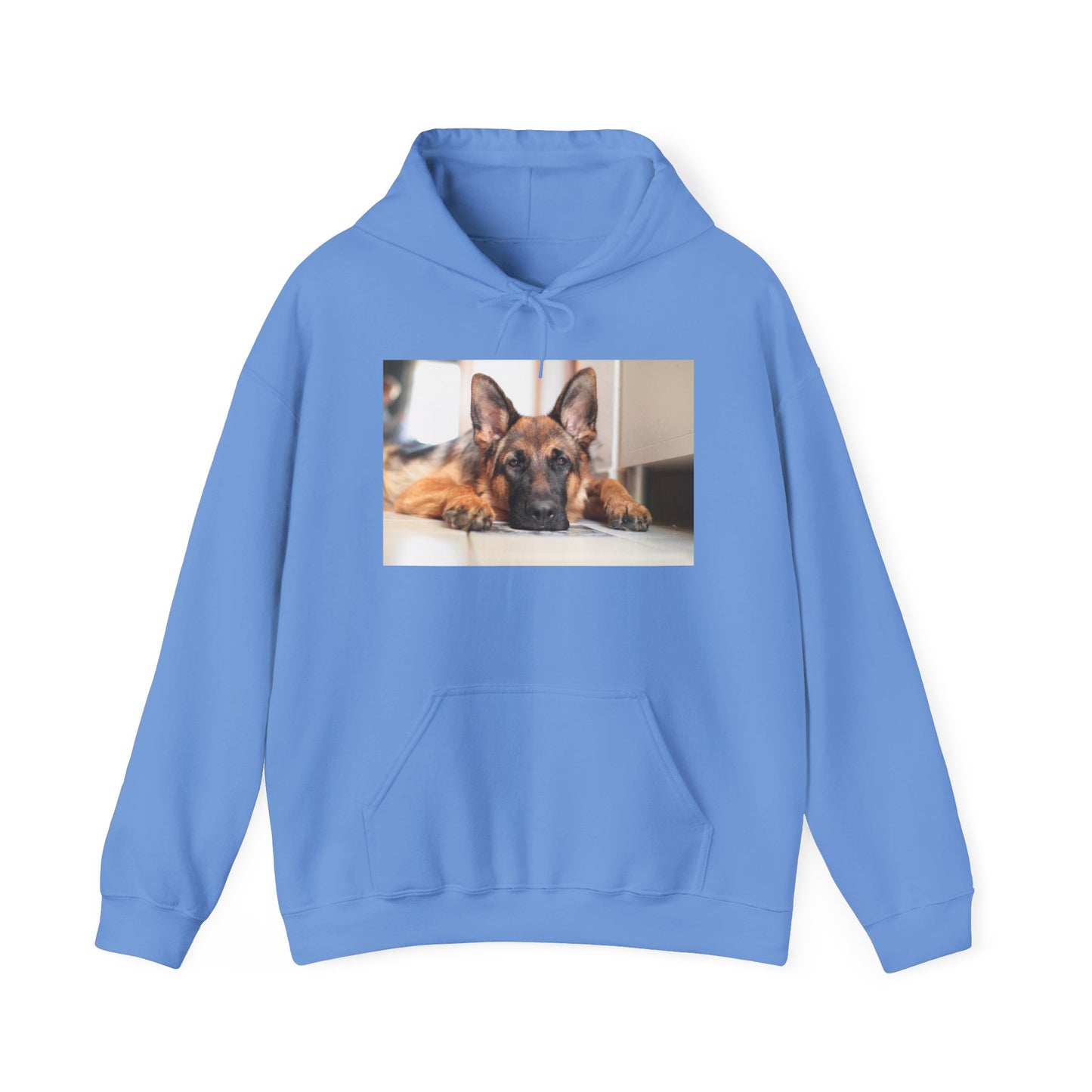 A Unisex Hoodie With a German Shepherd Lying His Head on the Floor