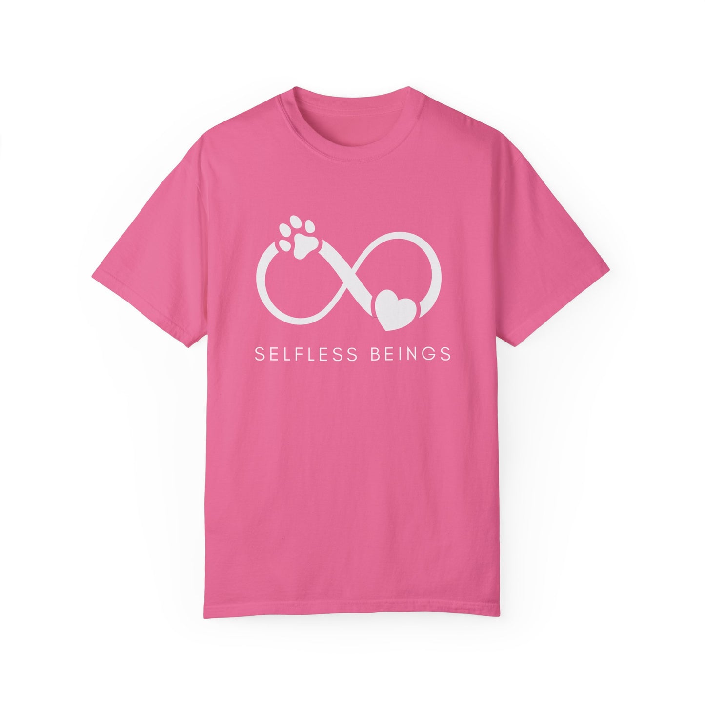 Unisex Dog Lover T-Shirt With Paw Print and Heart on Infinity Symbol and Caption Selfless Beings Below