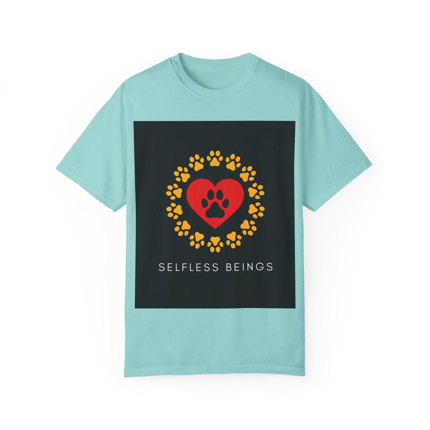Unisex Dog Lover T-Shirt With Graphic of Yellow Paw Prints In Circle Contain Red Heart Which Contains Black Dog Paw Print Inside and Caption Selfless Beings