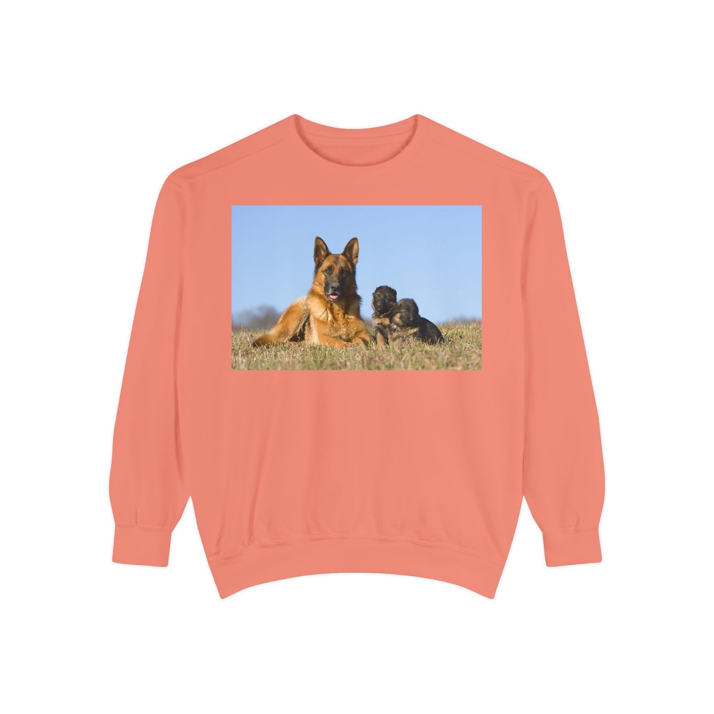 Unisex Dog Lover Sweatshirt With a German Shepherd Lying on the Grass With Two Puppies