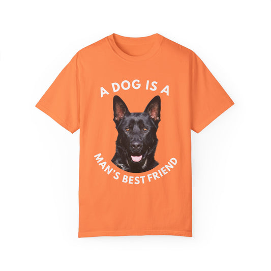 Unisex T-Shirt With Close Up Face of Giant German Shepherd and Quote A Dog Is A Man's Best Friend