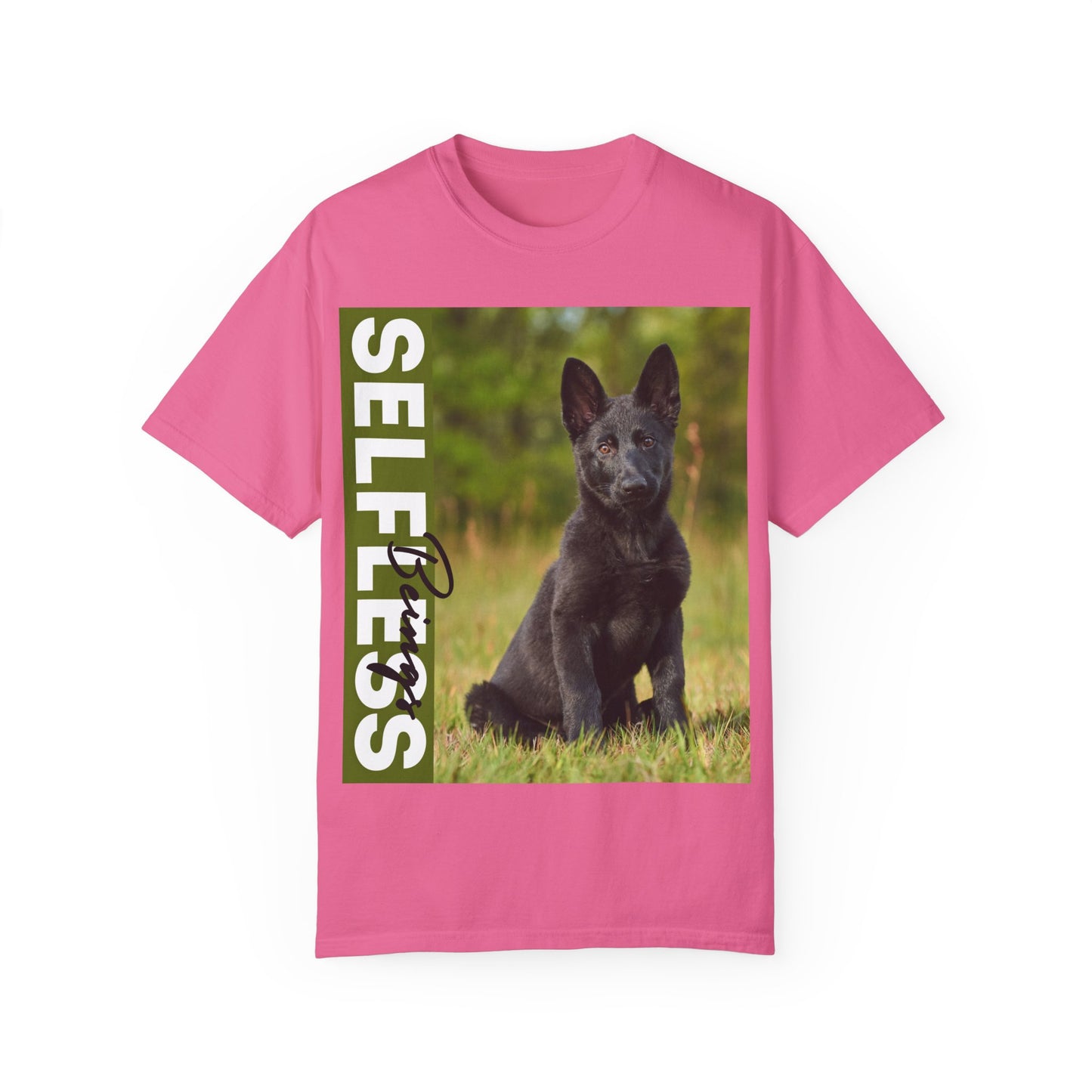 Unisex Dog Lover T-Shirt With Solid Black German Shepherd Puppy Sloppily Sitting on the Green Pasture and Caption Selfless Beings